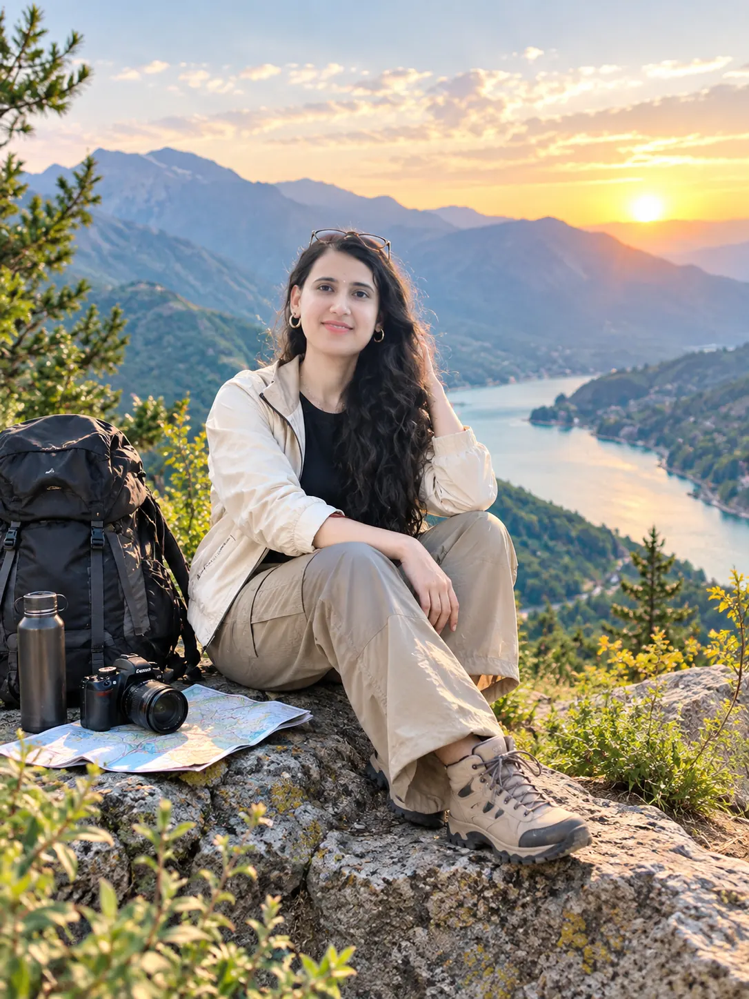Gunjan Rawat above a mountain lake at sunset with her backpack, camera and map